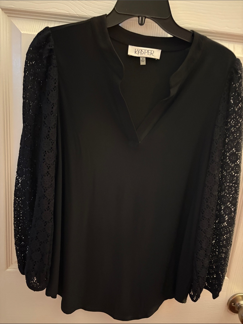 Kasper Black V-Neck Blouse with Lace Sleeves